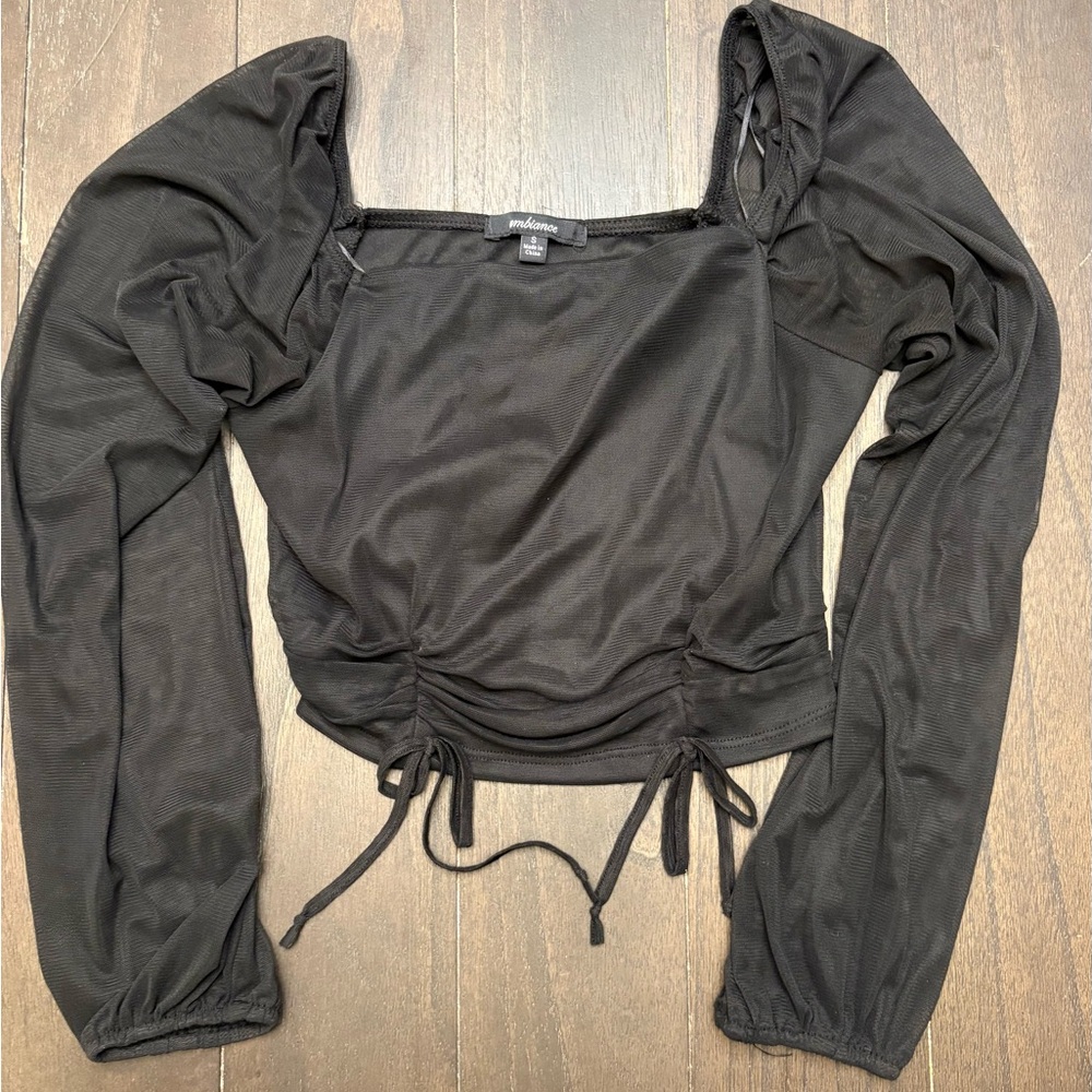 Ambiance Black Ruched Puff Sleeve Top Small Fairy Grunge Gothic‎